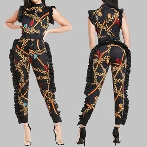 Short Sleeve Chain Pattern Jumpsuit